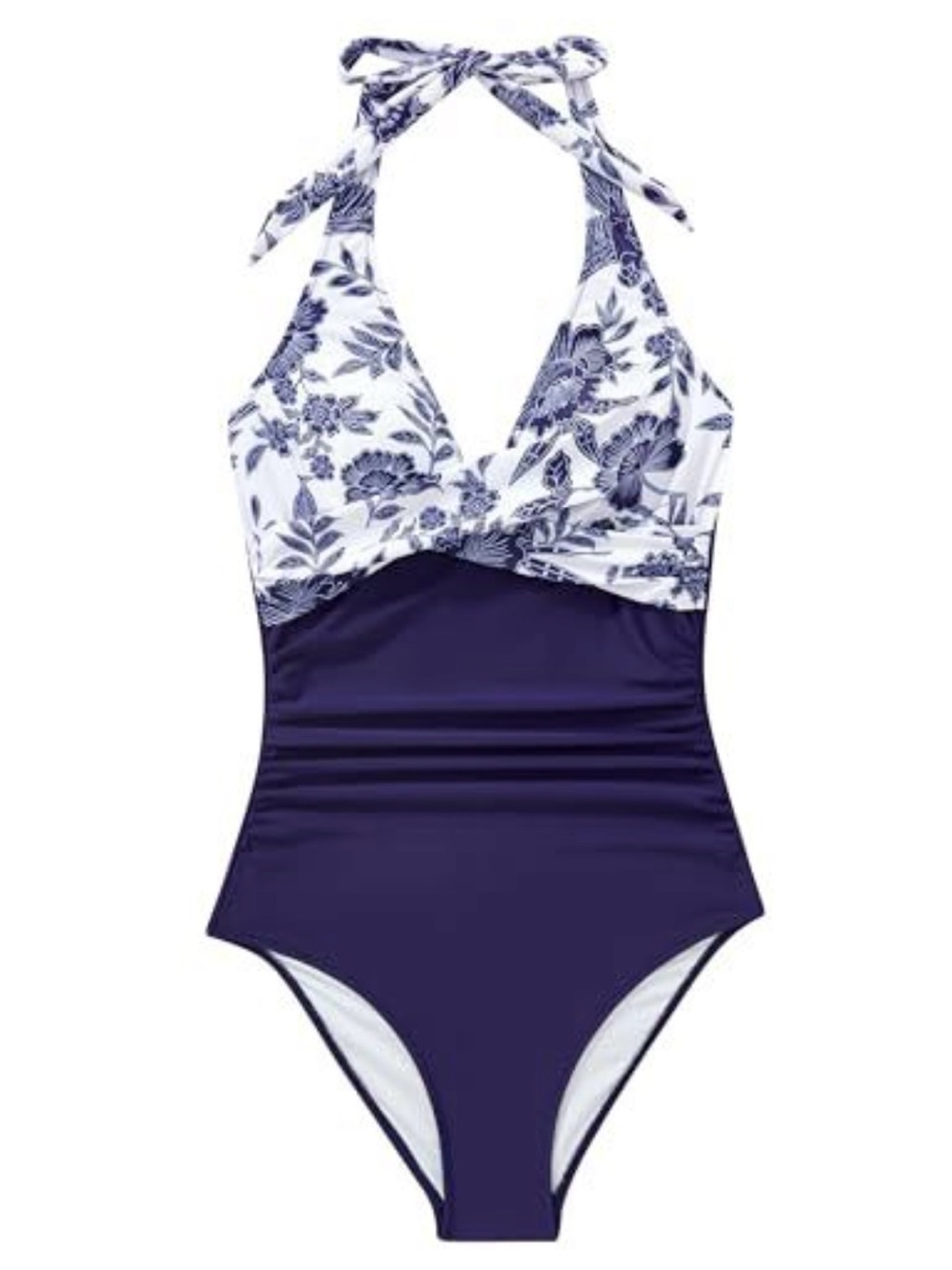 Navy Floral Halter One-Piece Tummy Control Swimsuit